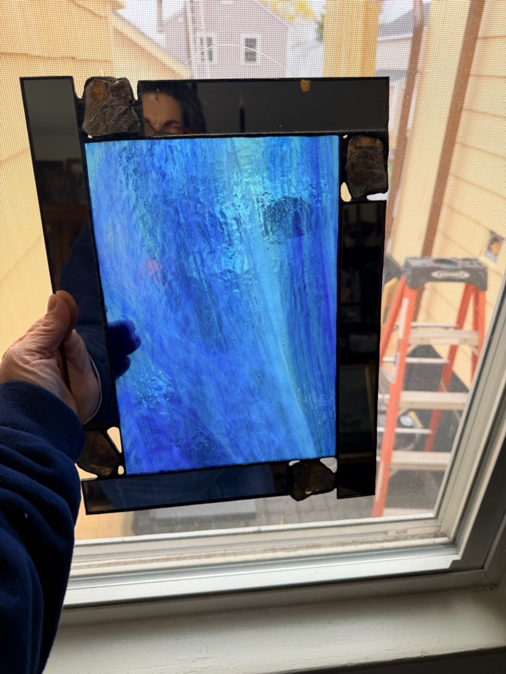 Handcrafted Blue Stained Glass Wall Art Panel with mirrored frame